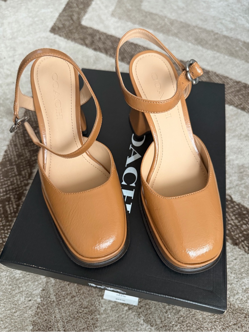 Coach Cognac Leather Ankle-Strap Block Heel Pumps